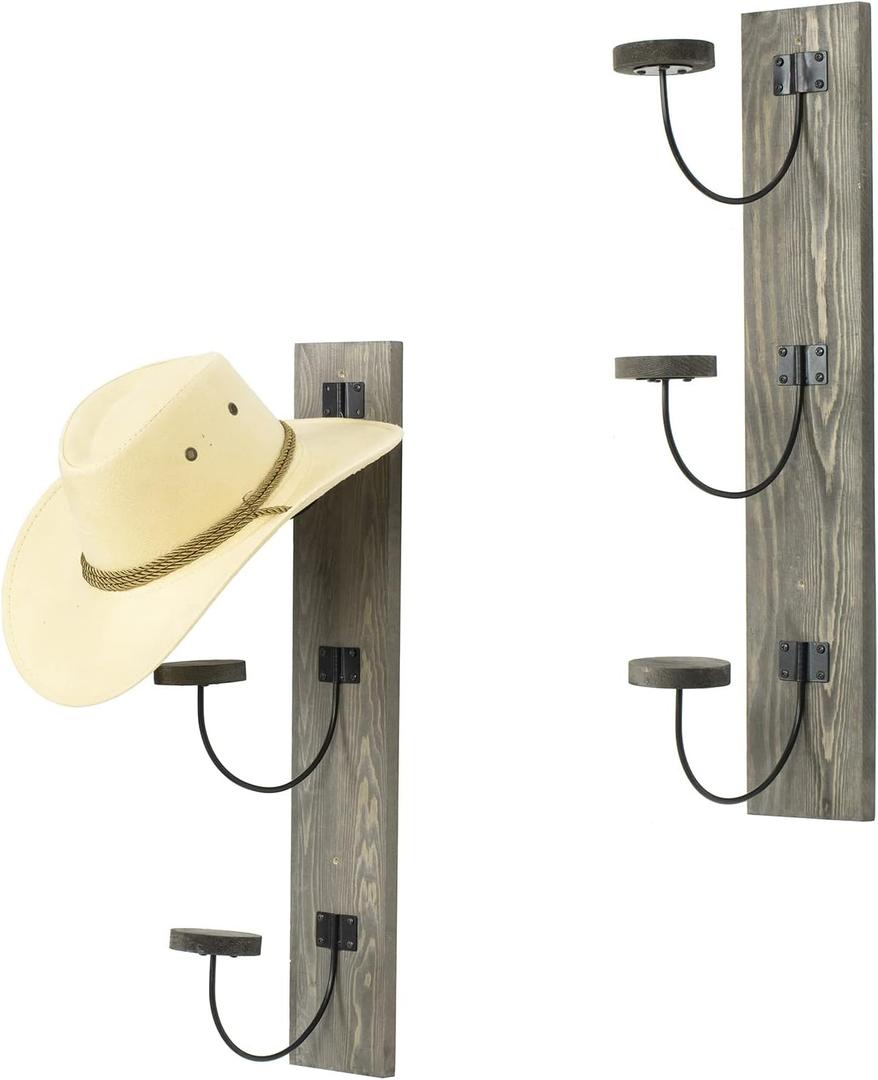 MyGift 2 Pcs Hat Rack Wall Mount, Cowboy Hat Organizer Holder, Coat, Cap Clothes Hanger with Metal Wire and Wood Hooks, Vintage Gray