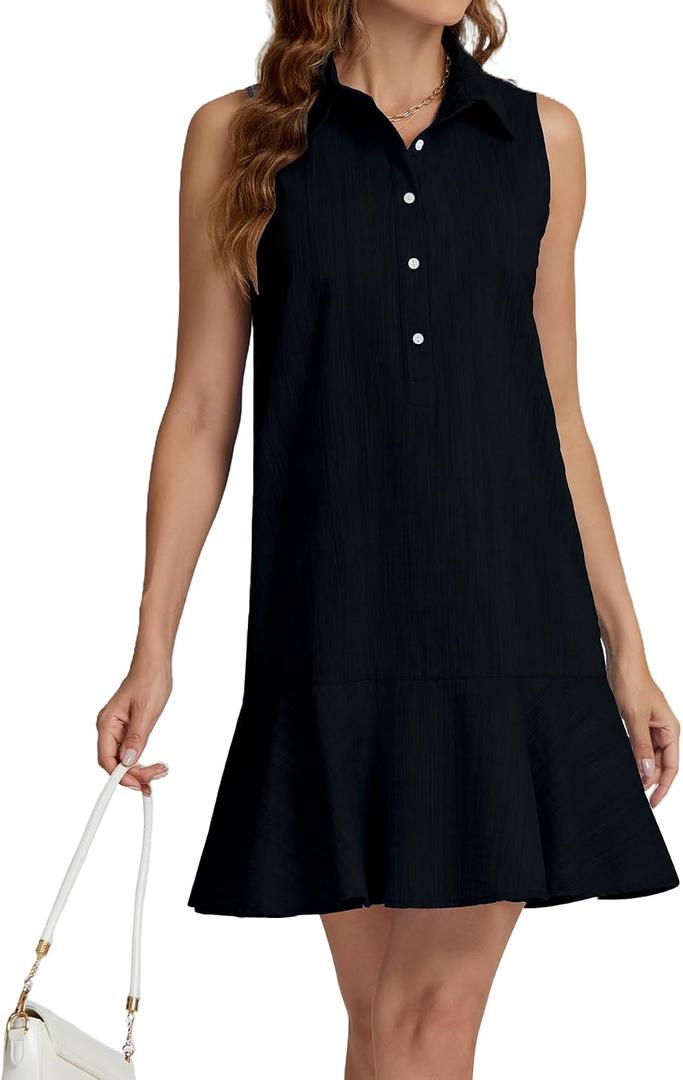YEXPINE Womens Sleeveless Shirt Dress Ruffle Hem Cotton Tunic Tank Dress Button Up Swing Shift Mini Dresses (Black, S)
