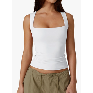 QINSEN Women's Square Neck Sleeveless Double-Layer Tank Tops Basic Tight T Shirts , Size M