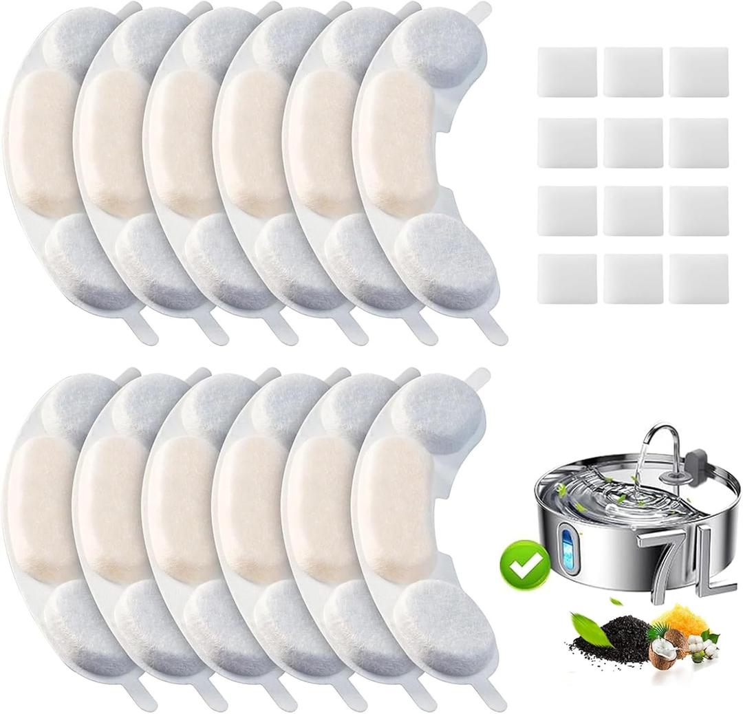 12 Pack Dog Water Replacement Filters Compatible with Smartoo 7L / 236oz / 1.8Gal Stainless Steel Dog Water Fountain, Pet Dog Fountain Filter Replacement,12 Filters + 12 Sponge
