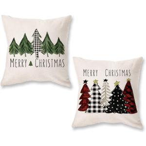 ONWAY Christmas Pillow Covers 18x18 Inch Set of 2 Xmas Trees Red Buffalo Plaid Black Green Decorative Pillowcases Farmhouse Merry Christmas Winter Holiday Cushion Cases for Sofa Couch (Beige)