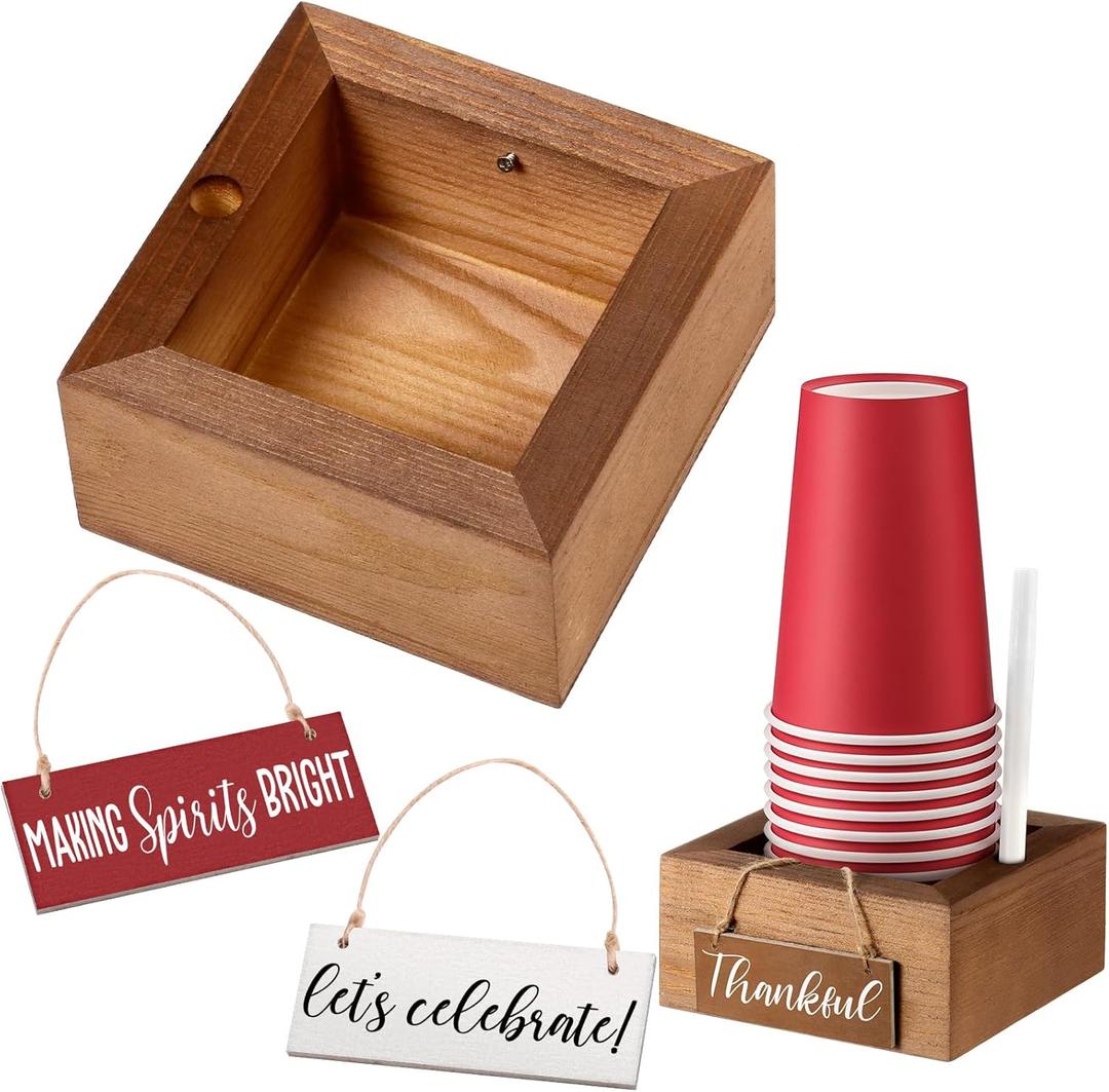 Beeveer Party Cup Holder with Marker Slot with 2 Decorative Plaque Wooden Party Cup Dispenser Wooden Organizer for Modern Farmhouse Home bar