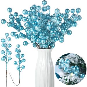Censen 36 Packs Artificial Berry Stems 8 Inch Snow Frosted Christmas Fake Spray Picks Holly Berry Branches for Christmas Tree Wreath DIY Crafts Holiday Ornaments Home Decor (Blue)
