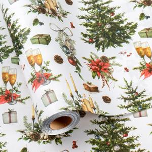MAYPLUSS Christmas Wrapping Paper Roll - 17 In x 33 Feet - Cute Watercolor Christmas Tree Candle Pinecone Goblet Gift Wrap Paper for New Year, Holiday, Kids