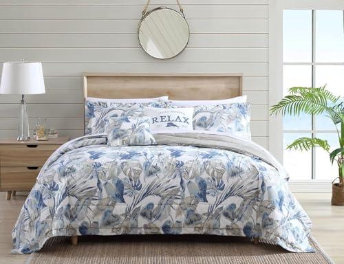 Tommy Bahama - King Comforter Set, Reversible Cotton Bedding with Matching Shams & Bonus Throw Pillows, All Season Home Decor (Raw Coast Blue, King), Off White/Blue/Grey
