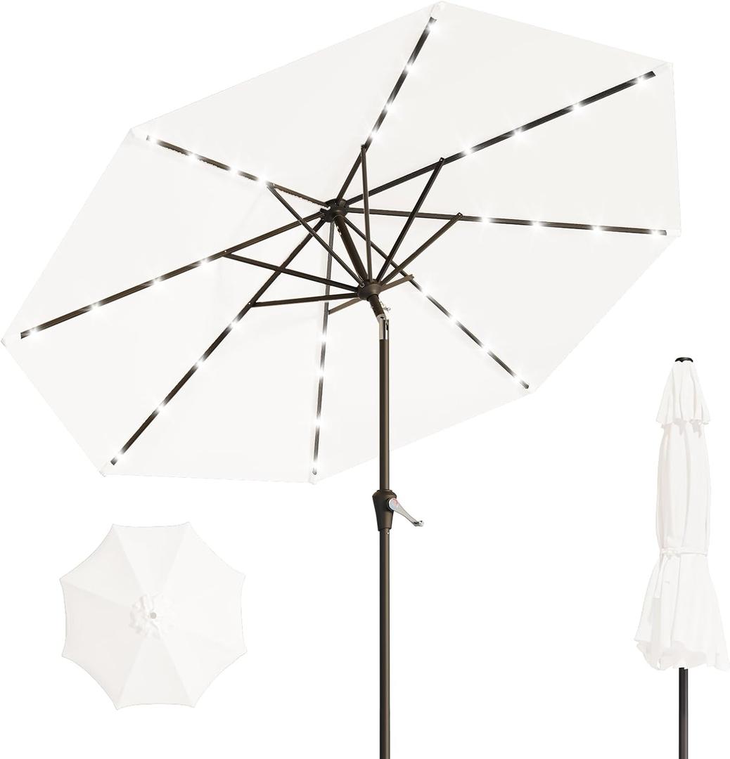 9FT Solar Umbrella 32 LED Lighted Patio Umbrella Table Market Umbrella w/Tilt and Crank Outdoor Umbrellas for Garden, Deck, Backyard, Pool and Beach, Cream-White