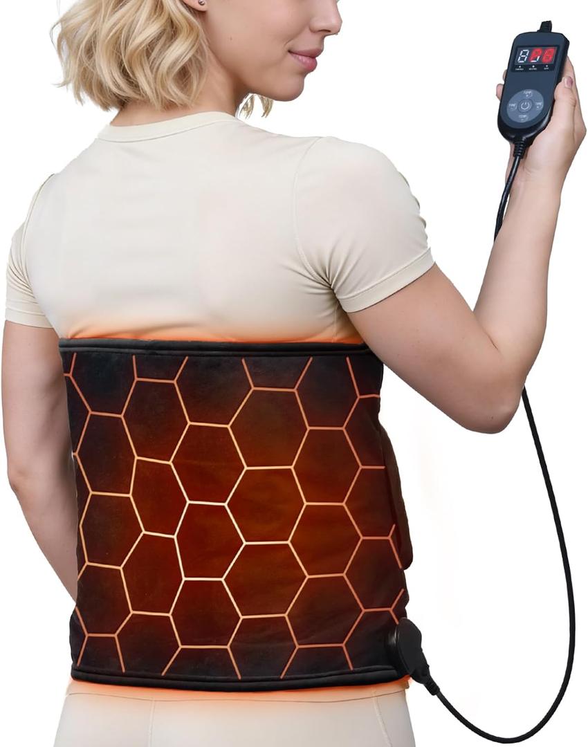 Heating Pad for Back Pain Relief: 2X Graphene Far Infrared Max 160 with 8 Heat Settings - Soft Wearable Wrap Around for Period Cramps & Stiffness Relief - 12"x44" 4H Auto Off for Women at Home (Black)