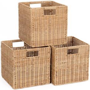 10.5 x 10.5 in Plastic Wicker Baskets for Cube Storage, Collapsible Square Wicker Storage Basket Set of 3, Rattan Storage Cube, Square Baskets for Shelves - Khaki