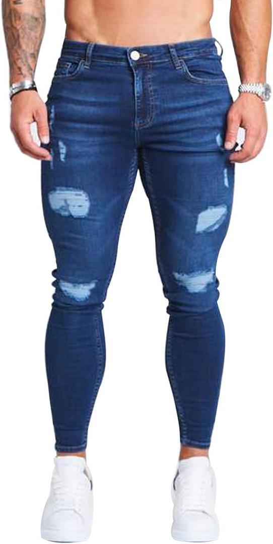 HUNGSON Men's Ripped Skinny Jeans Stretchy Slim Fit Jeans Pants for Men (38, Dark Blue Ripped 2)