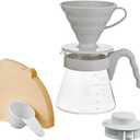 Hario V60 Pour Over Starter Set with Dripper, Glass Server, Scoop and Filters, Size 02, Pale Grey