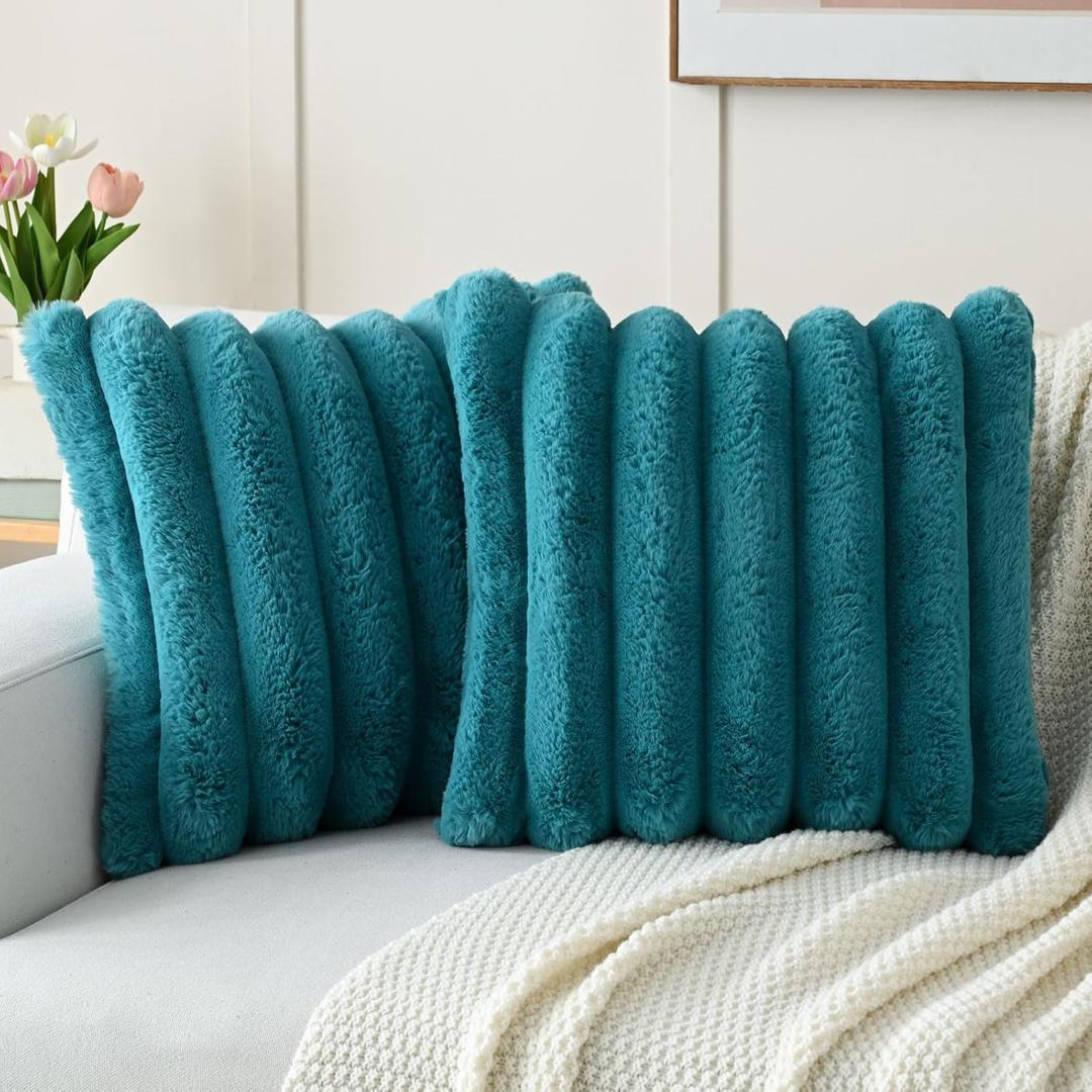 FUTEI Teal Decorative Throw Pillow Covers 24x24 Inch Set of 2, Square Soft Faux Rabbit Fur Thick Striped European Cushion Covers,Spring Home Decor for Couch Bed Living Room