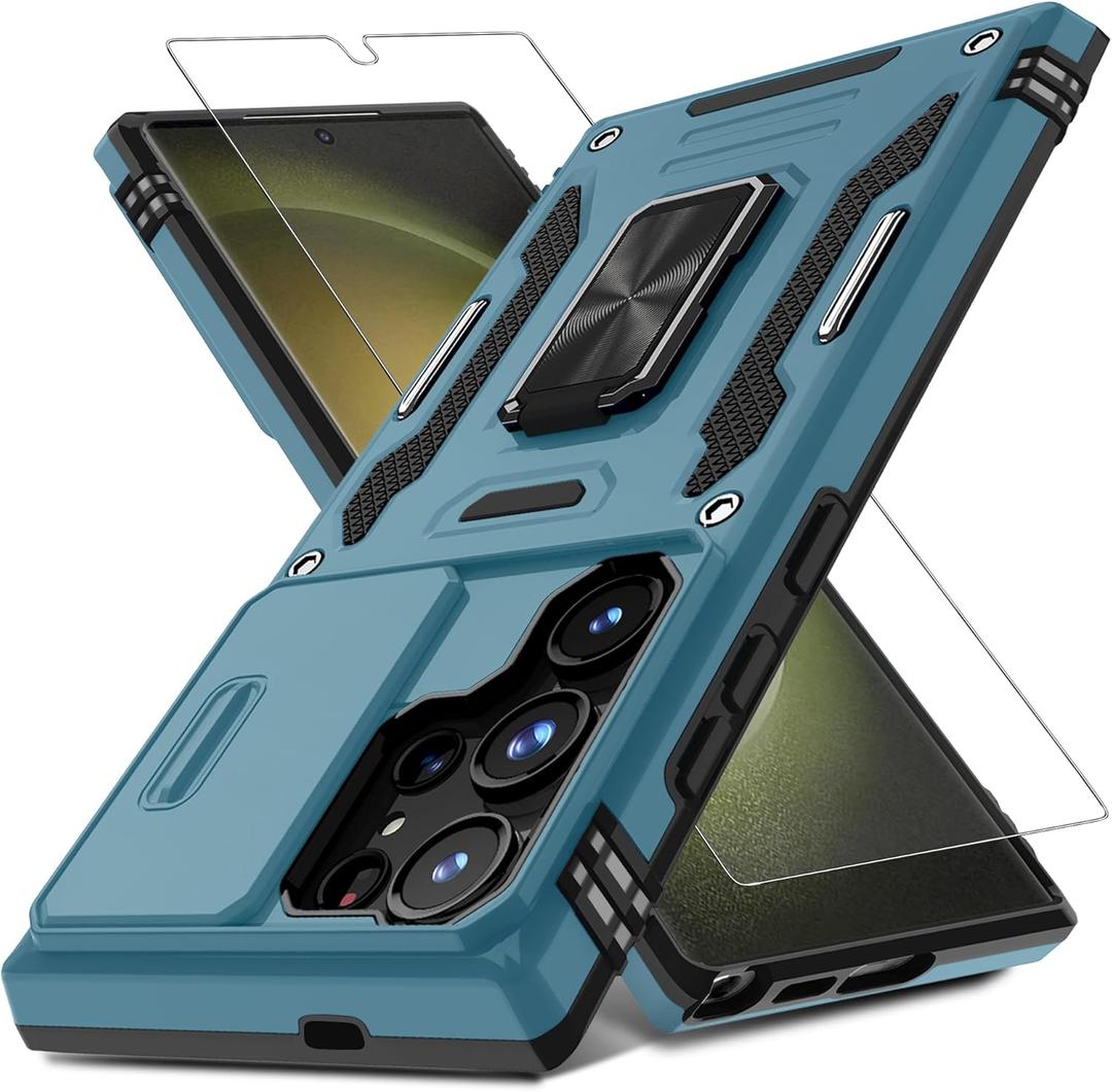 DEERLAMN Case for Samsung Galaxy S25 Ultra with Slide Camera Cover+Screen Protector (1 Pack), Rotated Ring Kickstand Military Grade Shockproof Protective Cover-Light Blue (S25 Ultra-6.9 Inch)