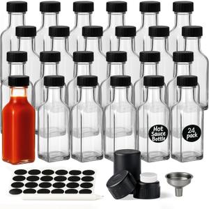 WERTIOO Hot Sauce Bottles 24-Pack 5oz Small Glass Bottles with Caps - Leakproof Square Mini Glass Sauce Containers for Tabasco, Vinegar, Chili Oil - Empty for Liquid Storage, Party Favors, Gifting (Clear)