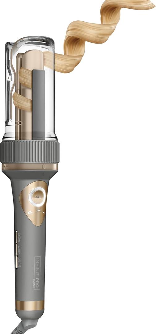 INFINITIPRO by CONAIR Curl Secret Automatic Curling Iron - 1 1/4-inch Barrel - Hair Curler for All Hair Types and Medium to Long Hair Lengths - Dual Voltage for Worldwide Travel (Gray With Gold Accents)