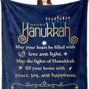 LekinGift Hanukkah Gifts, Jewish for Adults, Kids, Family, Soft Menorah Throw Blanket with Dreidel & Star of David Design, Hanukkah Blessing Blanket 50"x60", Chanukah Gift