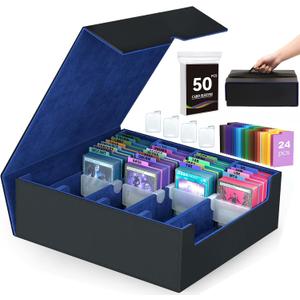4-Row3200+ Trading Card Storage Box, Card Organizer Holder With 50 Sleeves & 24 Dividers, Case Fit for Mtg Tcg Magic Commander Deck Playing Cards, Deck Box for Baseball Sport Card (Blue)