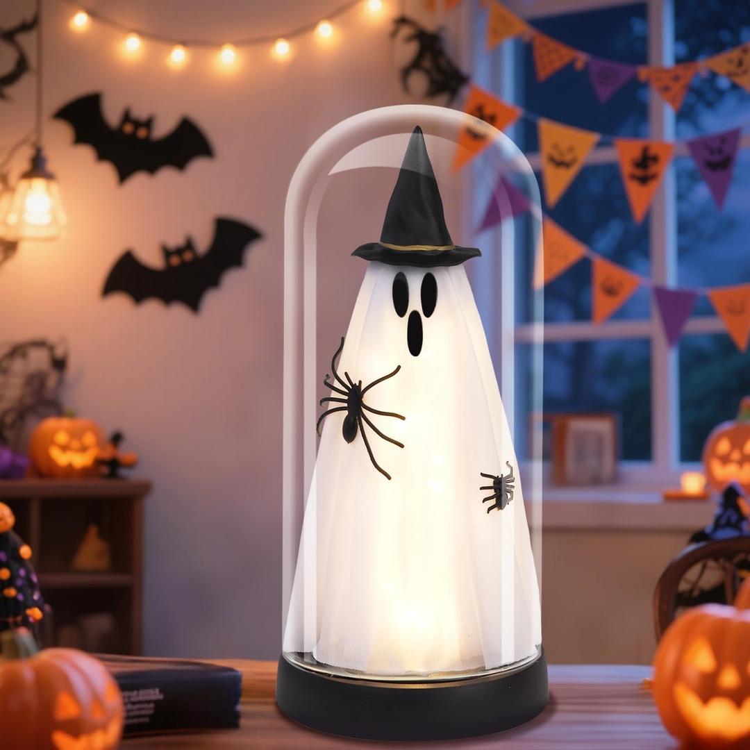 Halloween Decor-Halloween Decorations Indoor-Light Up Ghost in Glass Cloche-Cute Ghost with Light for Home Kitchen Mantel Tabletop Party Decor (Black)