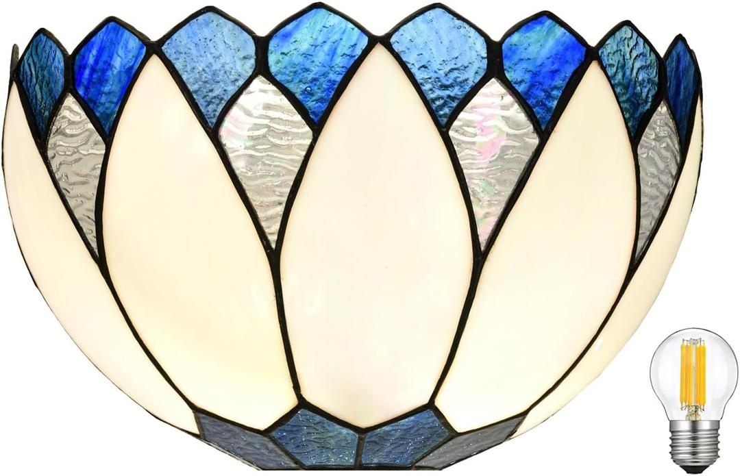 WL0006 Blue White Lotus Tiffany Style Wall Sconce Stained Glass Wall Light Fixtures for Hallway Stairway Bedroom Livingroom, 12 Inches Wide(Blue White)