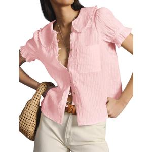 Tankaneo Womens Puff Sleeve Shirts Peter Pan Collar Button Down Cotton Blouse Casual Summer Textured Tops (Medium, Light Pink)
