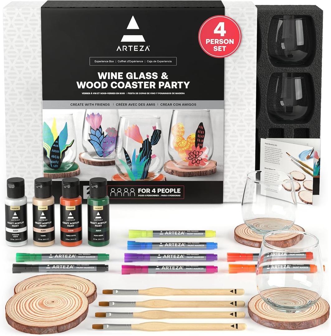 ARTEZA Wine Glass Coaster Painting Experience Box, DIY Craft Kit for Group Activities, Parties, Home Decor Projects, Art Set, Craft Supplies for Adults
