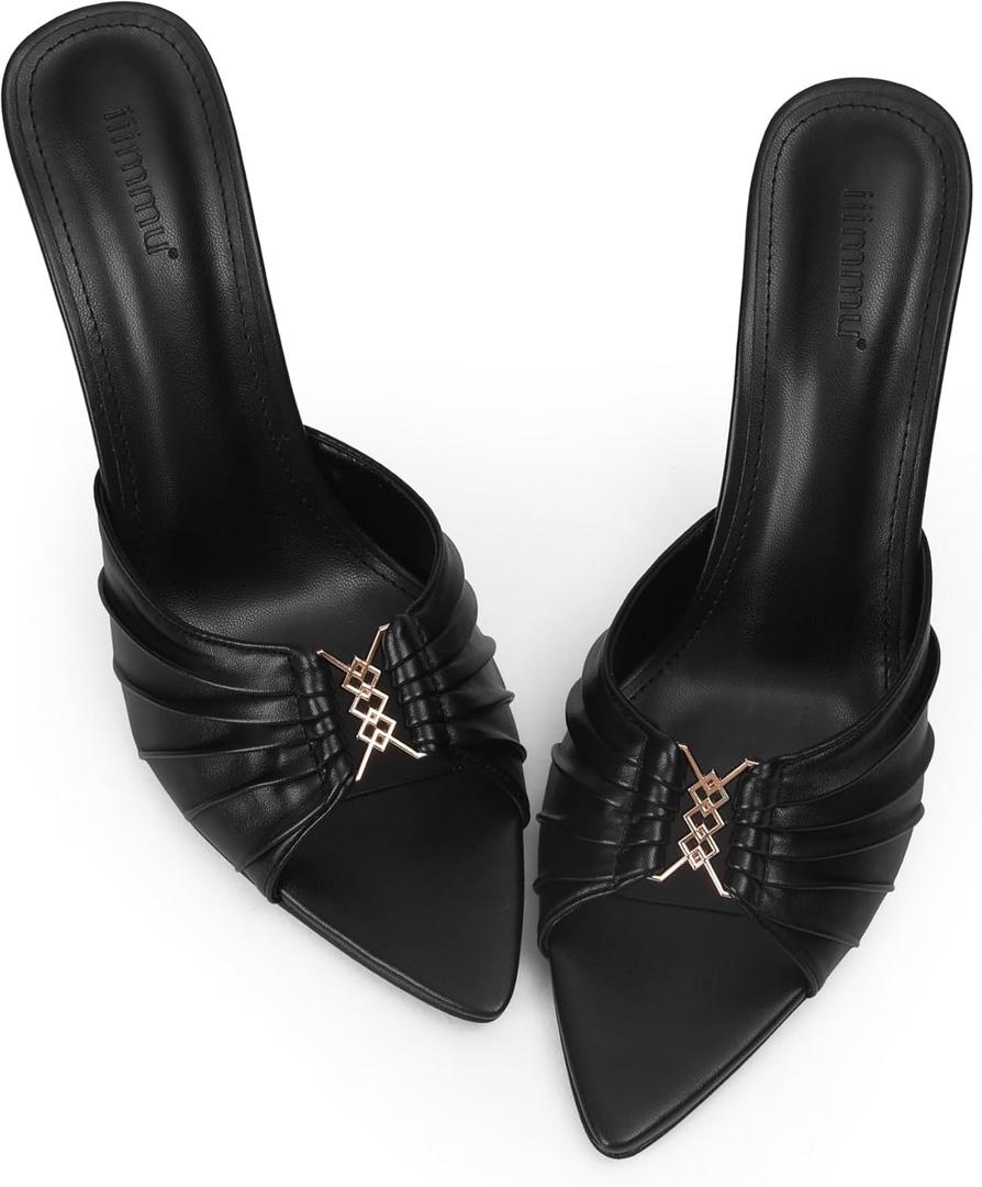 iiimmu 3.5 IN Stiletto Mules High Heels with Pointed Peep Toe Heeled Sandals Faux Leather (Pu Leather-black, 7.5)