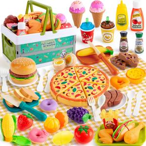 78Pc Pretend Play Food for Kids Kitchen, Cutting Toy Food with Storage Basket, Play Kitchen Accessories, Food Toys with Veggies, Fruits, Fake Food with Pizza Toy, Pretend Food, Boys Girls Gift