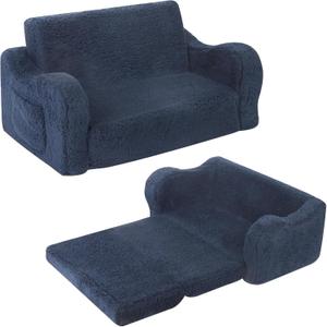 Kids Extra Wide Chairs for Toddler, 2-in-1 Toddler Soft Sherpa Couch Fold Out, Convertible Sofa to Lounger for Girls and Boys, Dark Blue (Large)