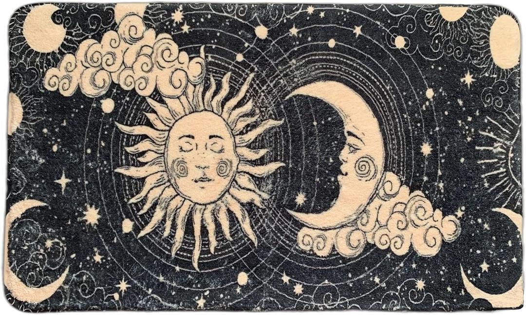 Boho Doormat Bathmat Sun and Moon Fun Bath Mat Non Slip Washable Bathroom Decor Bohemian Home Floor Rugs Indoor Outdoor Rug (Black Sun Moon)