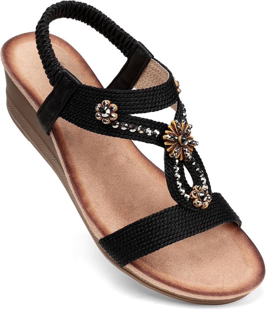 SHIBEVER Womens Wedge Sandals Flower Low Heel Dressy Sandals Elastic Ankle Strap Rhinestone Summer Comfortable Shoe (9, 2657-black)