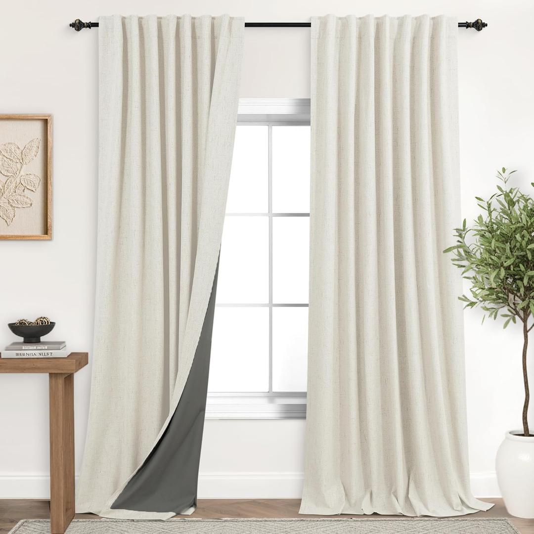 Extra Wide Blackout Curtains for Living Room, 96 Inch Long 2 Panel Set Linen Thermal Insulated Window Curtain with Pleated Back Tab, Light Blocking Energy Efficient Drapes for Sliding Glass Doors (Cream Beige)
