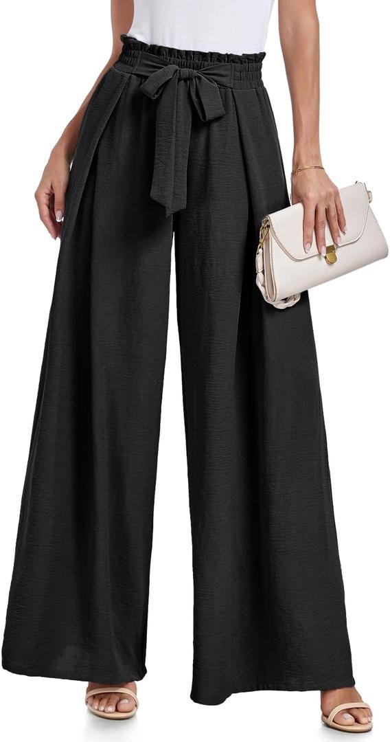 Lepunuo Wide Leg Pants for Women High Waisted Palazzo Pants Work Casual Flowy Tie Knot Trousers with Pockets (Medium) Black