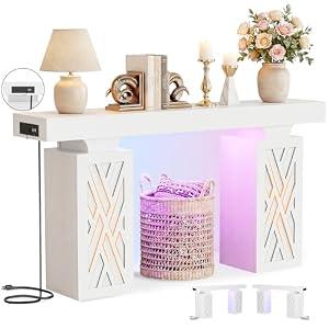 iSunirm 47.2" Extra Thick Entryway Table with Hollow Carved Storage Legs, 300+ lbs Load Console Table with Reversible Outlets & RGB Light, Space-Saving Wood Sofa Table for Hallway Foyer, White