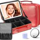 JUSRON Travel Makeup Bag With LED Mirror, Cosmetic Train Case with Light up Mirror, Portable Makeup Artist Organizer Bag with Adjustable Dividers, Makeup Brush Holder Storage (Red, Large)