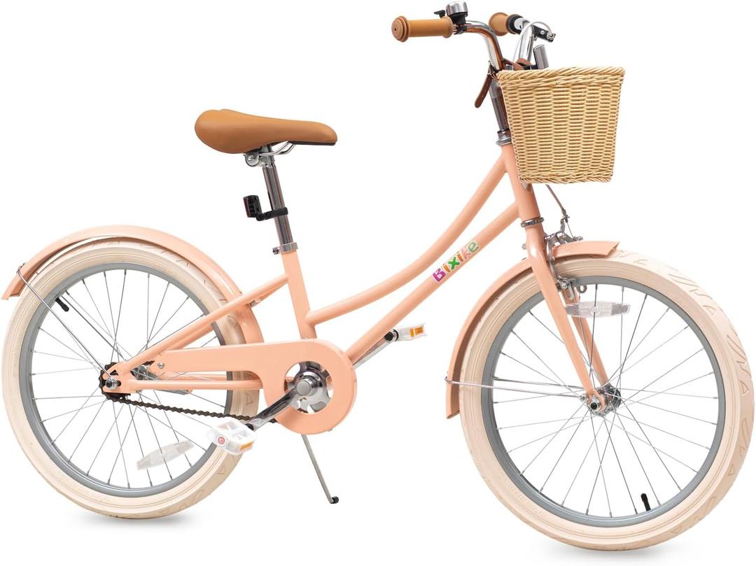 Bixike Retro Design Girls Bike with Basket and Coaster Brake for 3-13 Years Old Kids, 14 16 18 Inch Cruiser Bicycle for Toddlers with Training Wheels, 20 24 26 Inch with Kickstand, Multiple Colors (Peach)