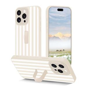 Aitipy Striped Phone Case Compatible with iPhone 17, with Finger Hand Strap Kickstand Shockproof Full Camera Protection Soft TPU Protective Cover for Women Girls, Beige Striped