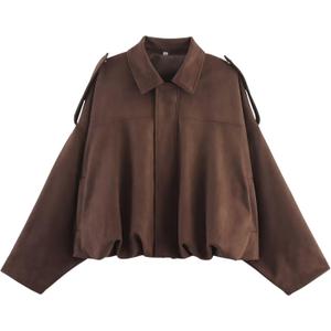 Xunger Women's Faux Suede Bomber Jacket Spring Lapel Pilot Coat Casual Oversized Long Sleeves Trendy Streetwear Outerwear, Brown, Medium