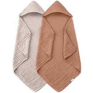 2 Pack Hooded Baby Towels - 100% Muslin Cotton for Newborns, Infants, Toddlers - Large 32x32 Inch Size - Highly Absorbent and Essential for Newborn Care, Light Bean Paste