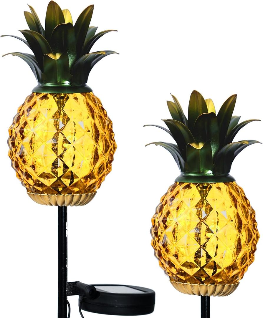 Solar Lanterns Outdoor Waterproof Glass Pineapple Garden Decor, Hanging Solar Stake Lights Yard Art, Outside Patio Decorations Gardening Birthday Gifts for Mom Grandma Women, 2 Pack