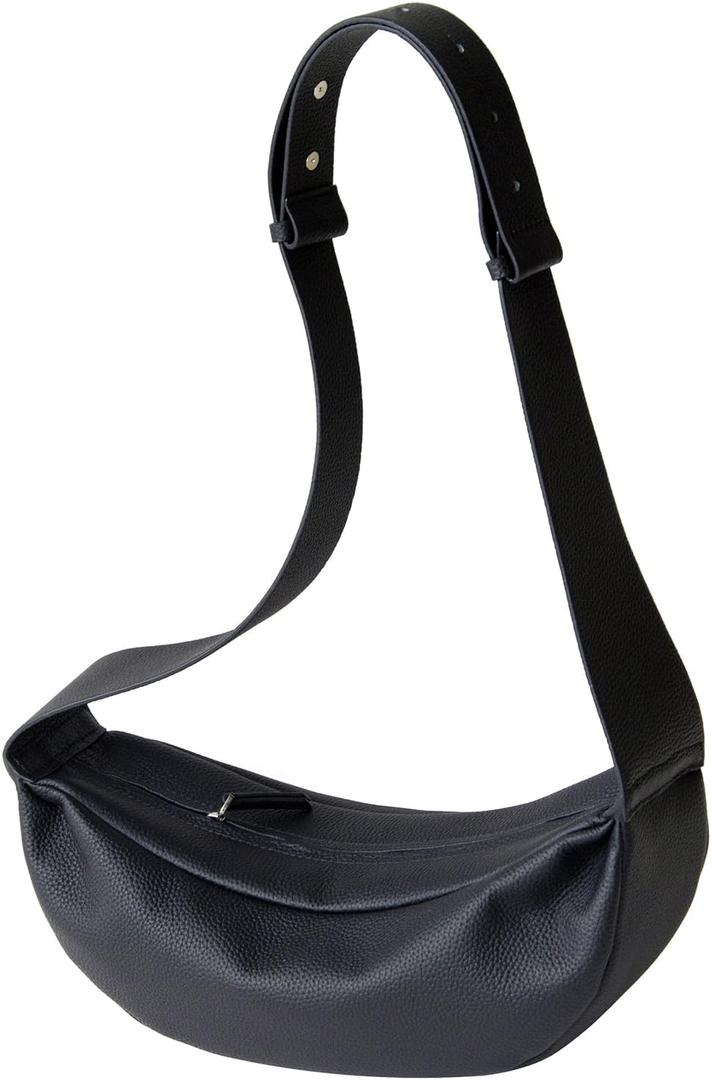 Genuine Leather Sling Bags Crossbody Women, Minimalist Style Casual Chest Bags with Wide Strap (Black)