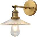 Industrial Vintage Wall Sconce 1-Light with Funnel Ribbed Clear Glass Shade, Indoor Wall Mounted Lamp Fixture for Living Room Bedroom Bathroom Over Kitchen Sink (Brass)