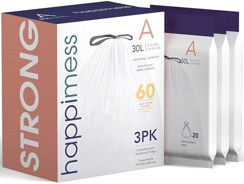 happimess HPM3000A-WHITE 7.9 Gallon Kitchen Drawstring Trash Bags, Trash Can Liner, White, 60-Count, 3-Packs of 20 Liners