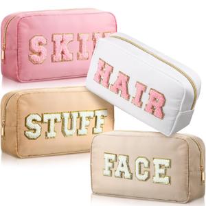 Remerry 4 PCS Nylon Cosmetic Bags Waterproof Spacious Travel Makeup Organizer for Women Chenille Letter Preppy Zipper Pouch Face Stuff Skin Hair Organizer Gift(Light Brown, Beige, Light Pink, White)