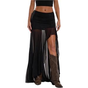 GORGLITTER Women's High Slit Mesh Skirt Y2k Goth Sheer Ruched Bodycon Asymmetrical Long Skirts with Shorts (Black, S)