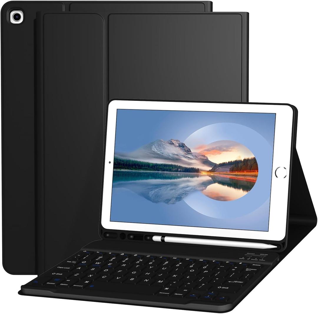 Keyboard Case for iPad 9.7 Inch 2018/2017 6th/5th Generation, Air 2/1 [Magnetic Detachable Wireless Keyboard][Support 3 System] Flip Stand Case with Pencil Holder for iPad 9.7, Black