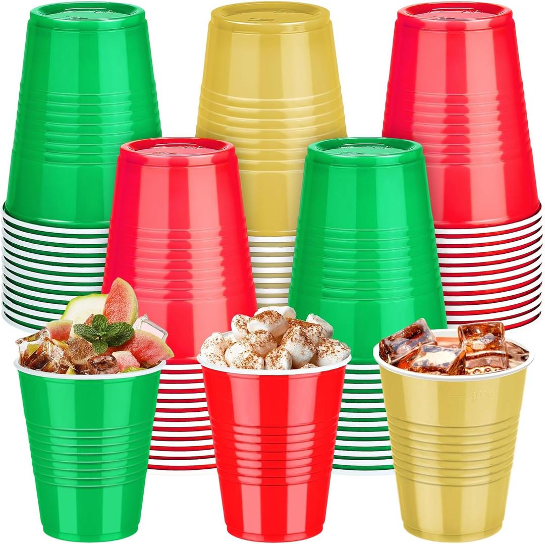 50 Pack Christmas Disposable Plastic Cups 12 Ounce Drinking Party Cups Bulk Party Cups for Christmas Wedding Birthday Graduation Parties, Picnics Events (Red, Green, Gold)