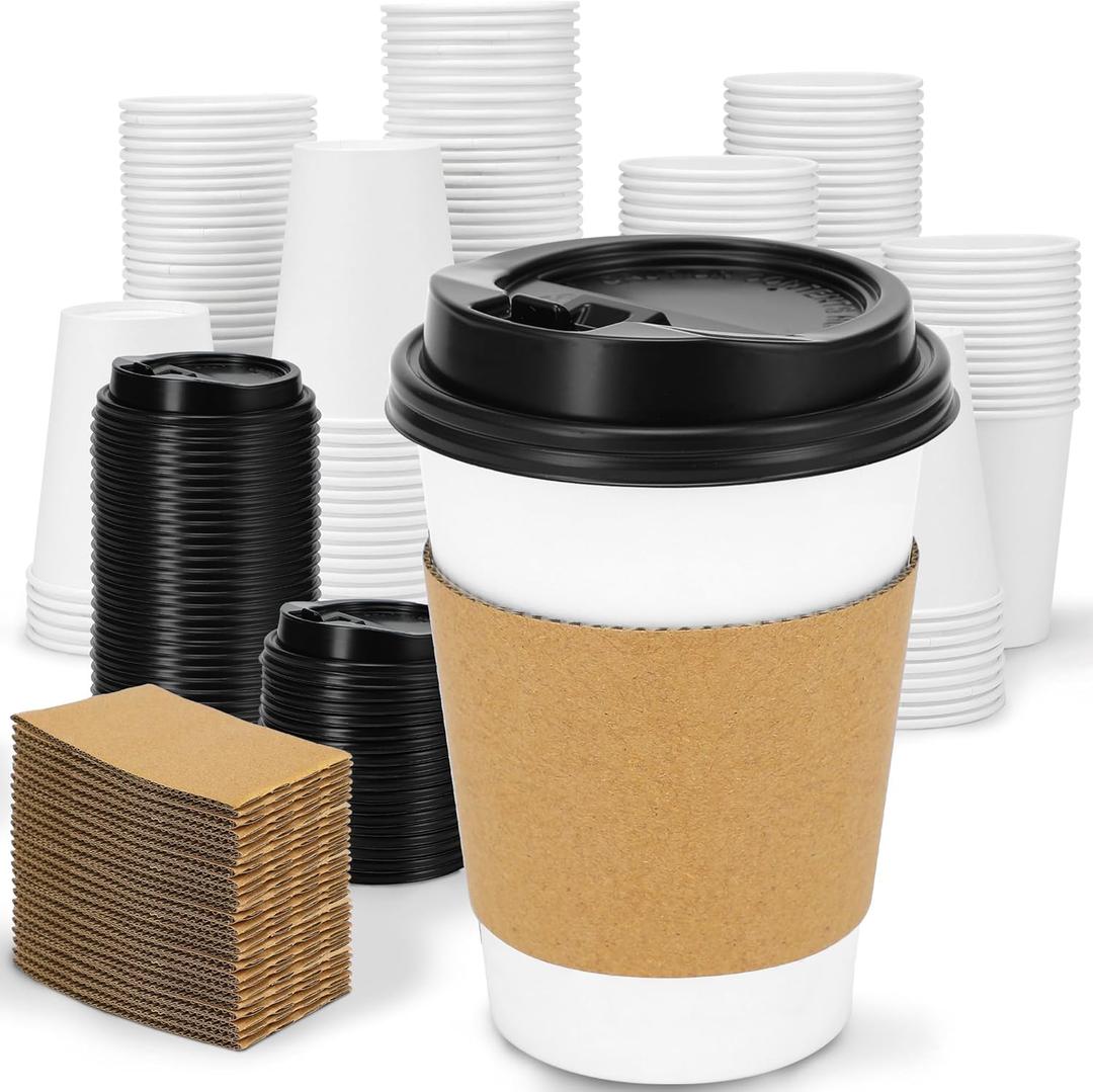 Clawsoff 100 Pack 12 oz Disposable Coffee Cups with Lids and Insulated Sleeves, Leak-free Paper and Sturdy Thick Paper Hot to Go Coffee Cups with Lids for Cold/Hot Beverage (White)