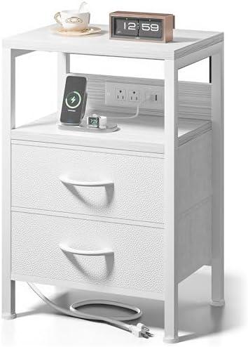 Lazzanto NightStand Bedside Charging Table Bedroom - Night Stand with Charger Station, White Modern Bed Side End Table with Open Shelf & 2 Fabric Drawers, USB-C Port & AC Outlets for Dorm, Living Room