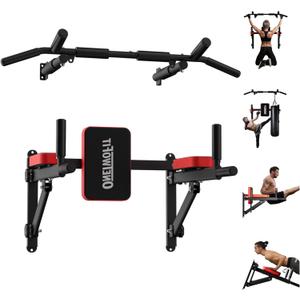 ONETWOFIT Wall Mounted Pull Up Bar, 2 in 1 Pull Up and Dip Bar Station Space Saving Multifunctional Wall Mount Chin Up Bar Indoor Outdoor Strength Training Home Gym Equipment (Black)