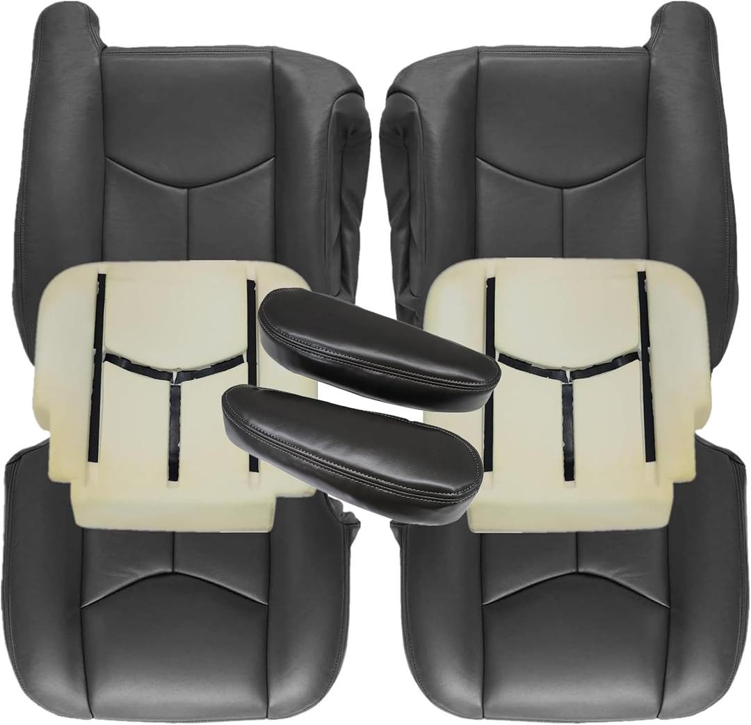 SecosAutoparts 8PCS Driver & Passenger Bottom & Top & Foam & Amrest Dark Gray#692/69i Leather Seat Cover Compatible with Chevy Silverado Avalanche Tahoe Suburban GMC Sierra Yukon 2003 2004 2005 2006
