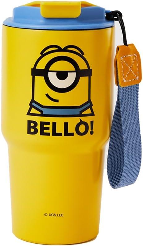 MINISO Minions Travel Tumbler Stainless Steel Cup 17 oz with Strap Vacuum Insulated Water Bottle with Lid and Straw Coffee Cup Holder Compatible BPA-Free Mug for Adults and Kids School Office Home